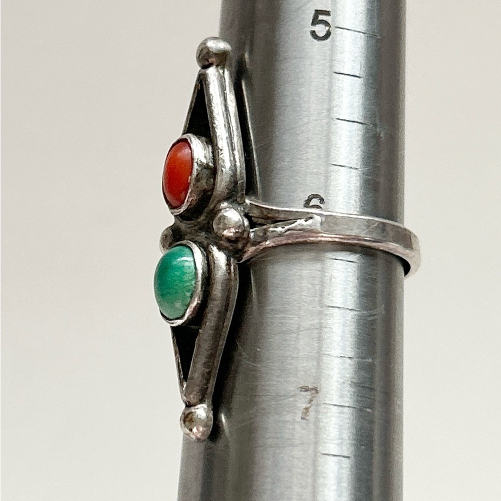 Vintage Southwestern Coral Turquoise Sterling Silver Ring - Picture 10 of 10